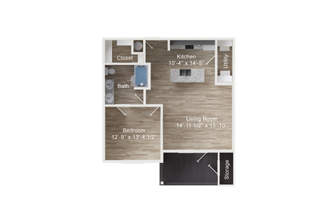 Floor plan for 1 bed, 1 bath, 768 sqft